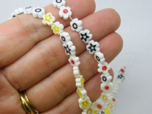55 Millefiori beads flat flower white 8mm glass B176