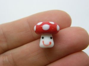 1 Mushroom face bead red and white hand made lamp work glass L223