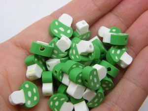 30 Mushroom beads green white polymer clay L184 - SALE 50% OFF