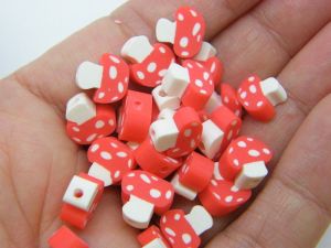 30 Mushroom beads red white polymer clay L156