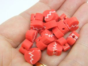 30 Heart broken beads red white polymer clay H79 - SALE 50% OFF
