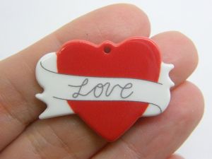 2 Love heart pendants red white acrylic H306