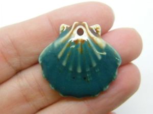 4 Shell scallop pendants teal and brown porcelain FF259