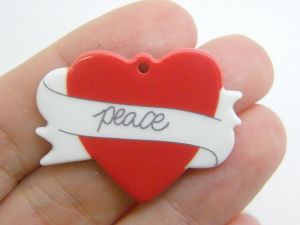 2 Peace heart pendants red white acrylic H305
