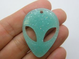 2 Alien head pendants blue glitter resin P216