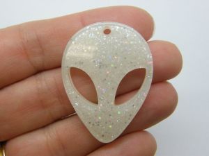2 Alien head pendants white glitter resin P238