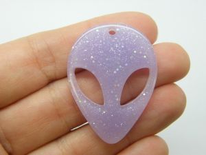 2 Alien head pendants lilac purple glitter resin P354