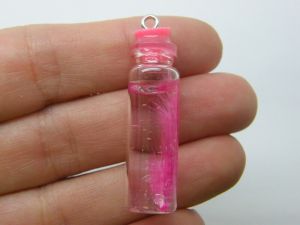8 Feather in a bottle fuchsia pink pendant glass M191