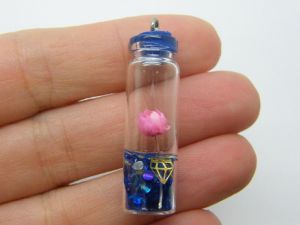 4 Dried flower in a bottle shells royal blue pendant glass M388