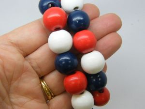 22 Red white blue dyed wood beads 15mm FS - SALE 50% OFF