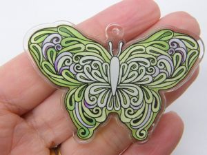 2 Large stunningly beautiful butterfly pendants green white clear  acrylic A457