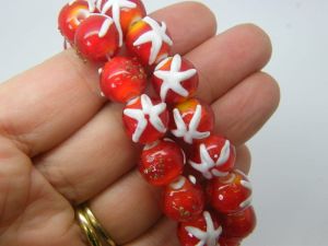 33 Starfish beads red white glitter handmade lamp work glass B256