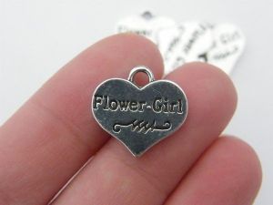 6 Flower girl heart pendants antique silver tone M479