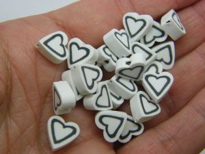 30 Heart beads black white polymer clay H320 - SALE 50% OFF