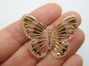 6 Butterfly pendants gold clear acrylic A894