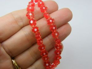 64 Millefiori beads flat flowers white red 6mm glass B6