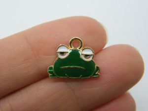 6 Frog charms green white gold tone A239