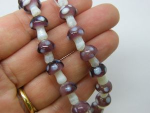 22 Mushroom beads purple and white glass L