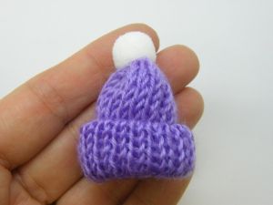 8 Knitted hat toques embellishment miniature lilac purple and white CA