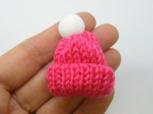 4 Knitted hat toques embellishment miniature fuchsia pink and white CA