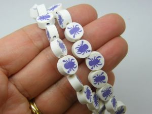 36 Spider beads purple white polymer clay B254