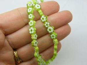 64 Millefiori beads flat flower white green 6mm glass B158