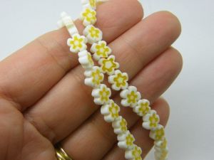 55 Millefiori beads flat flower white yellow 8mm glass B145