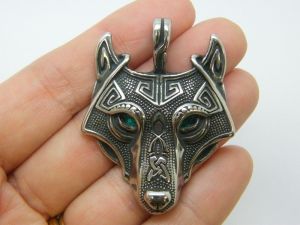 1 Wolf pendant green eyes stainless steel A1043