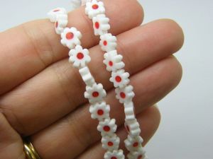 64 Millefiori beads flat flowers white red 6mm glass B63