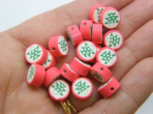30 Christmas tree beads red white green polymer clay CT269 - SALE 50% OFF