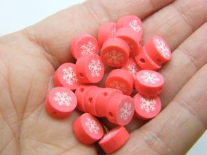 30 Snowflake Christmas beads red white polymer clay CT396 - SALE 50% OFF