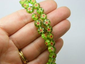 48 Millefiori beads flat round flower green 8mm glass B113