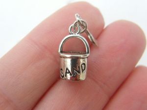 4 Bucket sand and spade charms antique silver tone FF554