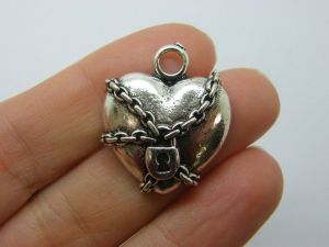 2 Heart chain padlock pendants antique silver tone H24