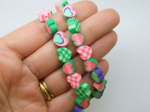 38 Heart green pink purple beads polymer clay B261