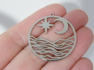 1 The sea waves moon star pendant silver stainless steel FF298