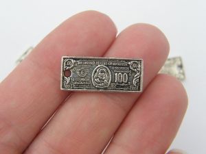 10 One hundred dollar bill charms antique silver tone WT19