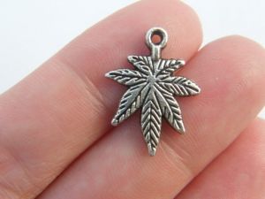 10 Marijuana weed leaf charms antique silver tone L16