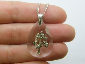 1 Teardrop clear crystal silver tree pendant with necklace T66