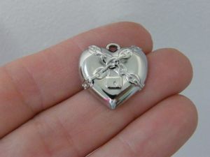 2 Heart chain padlock charms silver stainless steel h171