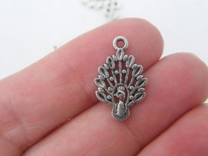 8 Peacock charms antique silver tone B35