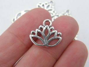 10 Lotus flower charms antique silver tone F12