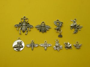 The Bee Charm Collection - 10 different antique silver tone charms