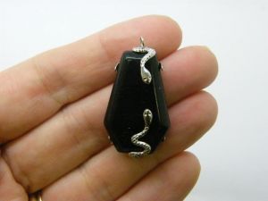 1 Snake pendant natural obsidian crystal silver tone stainless steel A329