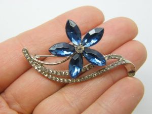 1 Flower blue clear rhinestone  brooch silver tone F108