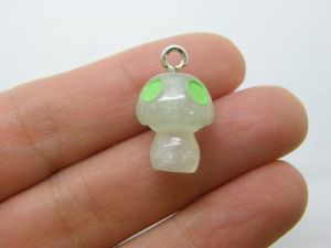 4 Mushroom charms green and clear glow in the dark  resin L86