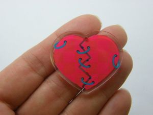 2 Heart broken and mended pendants clear red blue acrylic H132
