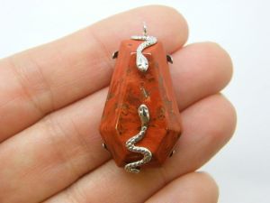 1 Snake pendant natural red Jasper  silver tone stainless steel A632