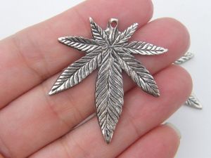 4 Marijuana weed leaf charms antique silver tone L23