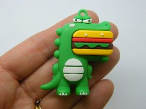 4 Dinosaur hamburger pendants green PVC plastic 03A